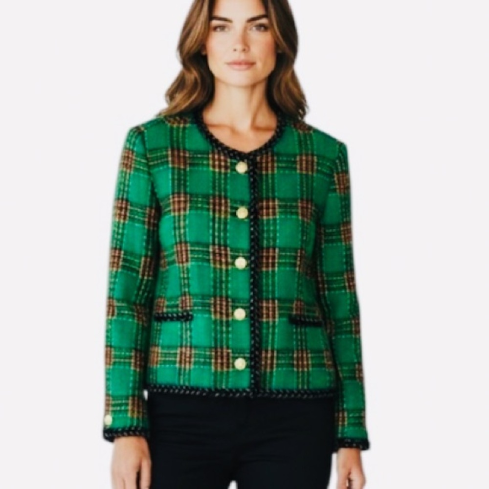 Bleyle Green Plaid Vintage Wool Mohair Jacket Woven Trim Gold Buttons 18P
